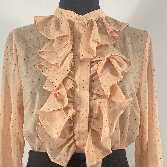 H & M Pink Polka Dot Ruffle top, Sheer, button up, Size Small - Picture 8 of 8